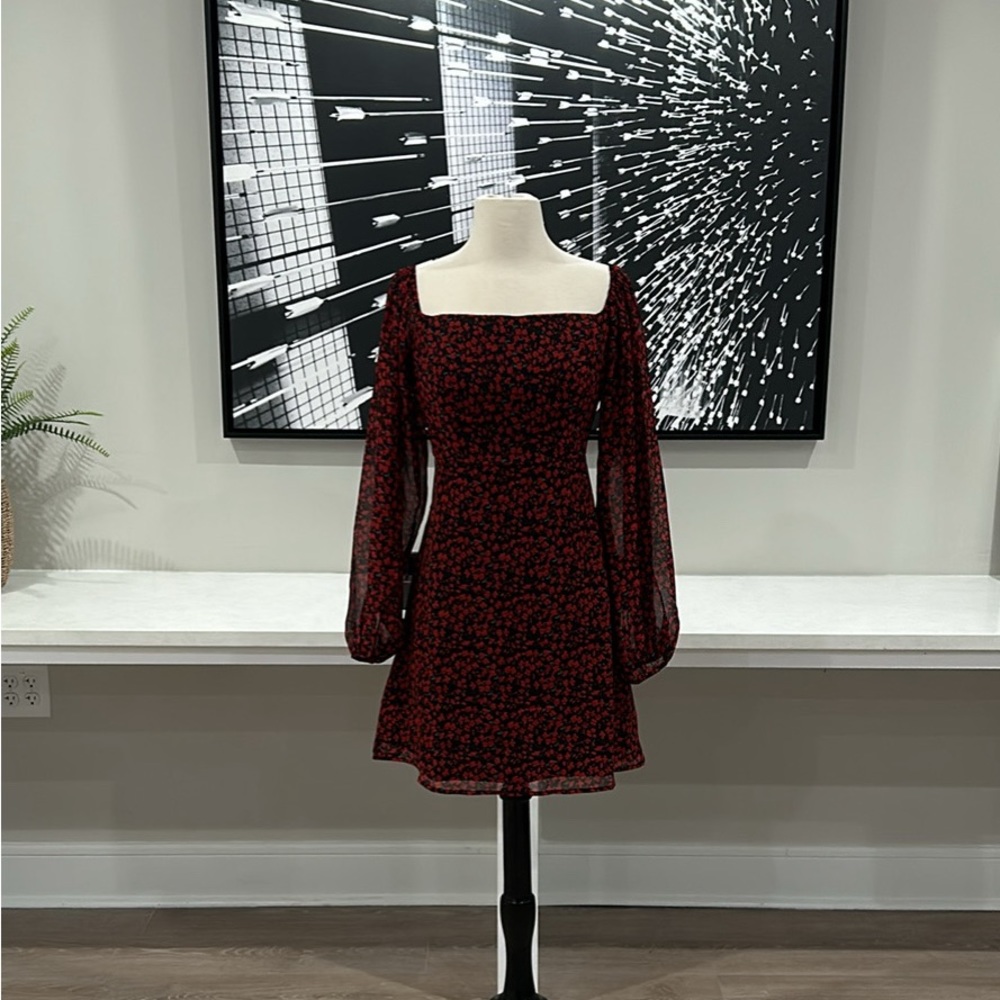BRAND NEW! Valentine’s Dress, Black W/Red Floral Print, Off Or On Shoulder Rouch